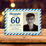 Convites 60.ª Festa de aniversário Retro Blue Stripes Foto<br><div class="desc">Celebre o aniversário de 60 anos com nosso na moda e convite de festas sofisticado! Este modelo de fotografia apresenta um design masculino com faixas azuis retrorais em marinho azul, aqua e matizes de marfim. A combinação dessas cores cria um equilíbrio perfeito entre nostalgia e modernidade. Quer você esteja fazendo...</div>