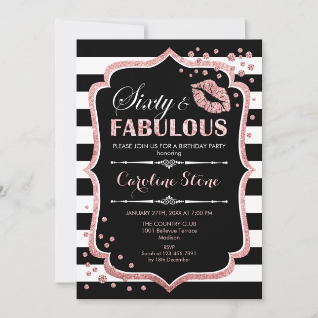 Convites 60.º aniversário - 60 Fabuloso Rosa preto Dourado (Frente)