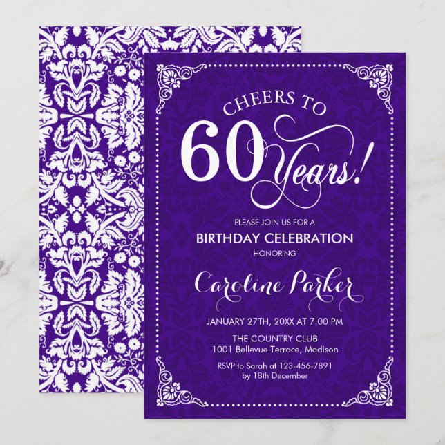 Convites 60.º aniversário - Damasco branco roxo (Frente/Verso)