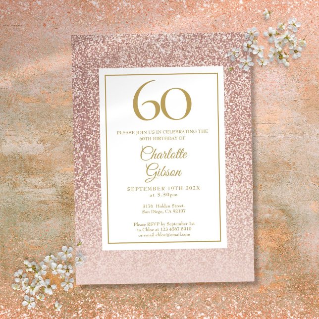 Convites 60.º Aniversário do Elegante Rosa Dourado (60th Birthday Elegant Rose Gold Glitter Invitation)