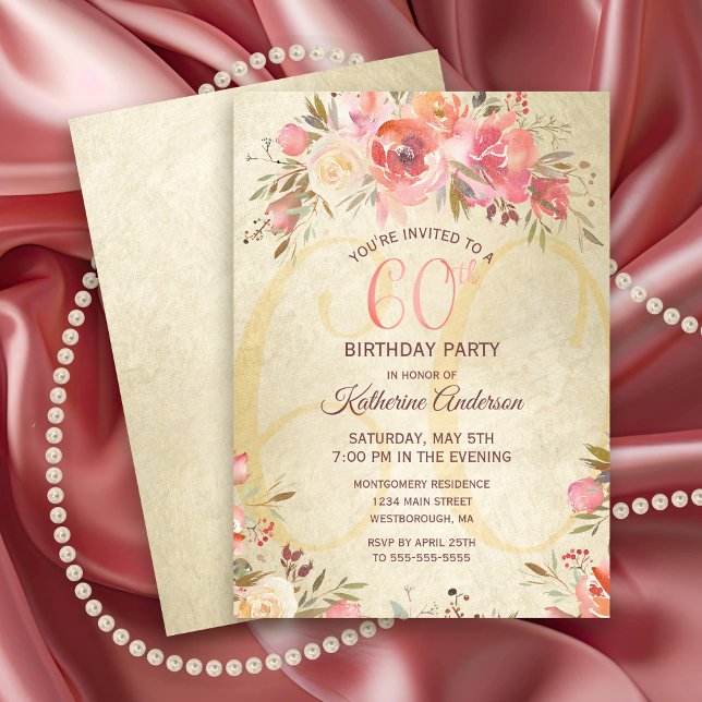 Convites 60.º Aniversário do Partido Shimmer Dourado Rosas  (Elegant Pink Roses with Gold Shimmer 60th Birthday Party Invitation)
