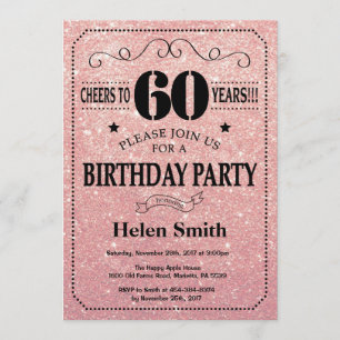 Convites 60.º Aniversário - Dourada Brilhante de Rosa Neg