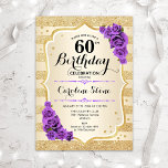 Convites 60.º aniversário - Douradas Stripes Rosas Roxos<br><div class="desc">60º Convite de Aniversário. Design elegante em ouro e roxo. Apresenta faixas de ouro com brilho sutil,  fontes de script na moda de rosa de de roxo e confetti. Perfeito para uma festa de aniversário de vidro.</div>