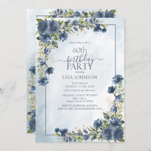 Convites 60.º Aniversário Dusty Blue Watercolor Floral