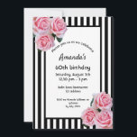 Convites 60.º aniversário - florais cor-de-rosa em listras<br><div class="desc">Listras brancas e preto clássicas como fundo. Com rosas rosadas românticas,  flores como decoração. Um quadro preto e branco com modelos para as informações da sua festa. Uma menina,  feminina e elegante 60ª convite de aniversário.</div>