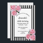 Convites 60.º aniversário - florais cor-de-rosa em listras<br><div class="desc">Listras brancas e preto clássicas como fundo. Com rosas rosadas românticas,  flores como decoração. Um quadro preto e branco com modelos para as informações da sua festa. Uma menina,  feminina e elegante 60ª convite de aniversário.</div>