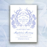 Convites 60.º aniversário Fresso Floral Azul Vintage em Fra<br><div class="desc">Uma elegante crista floral azul-vintage francesa toma palco central neste convite de aniversário de eterno. Ornamentado,  formal e muito feminina fará qualquer dama de aniversário se sentir muito especial. Os suprimentos da parte coordenadora estão disponíveis.</div>
