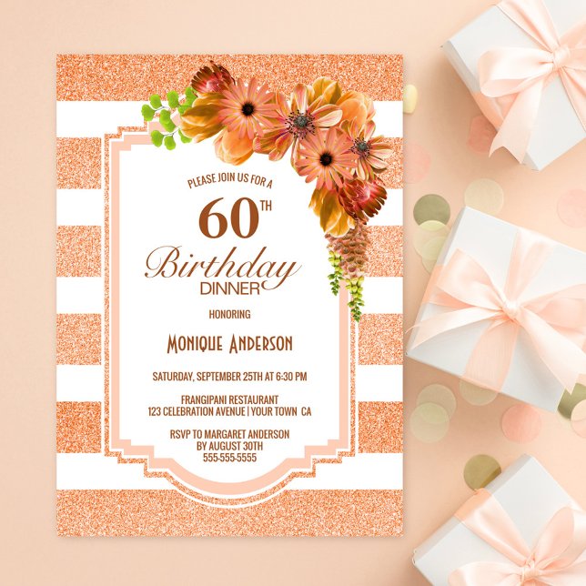 Convites 60.º aniversário Janto Apricot Striped Floral Part (Criador carregado)