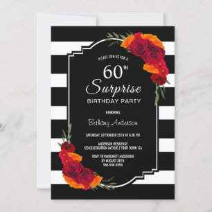 Convites 60.º Aniversário - Preto Branco com Riscar Flora