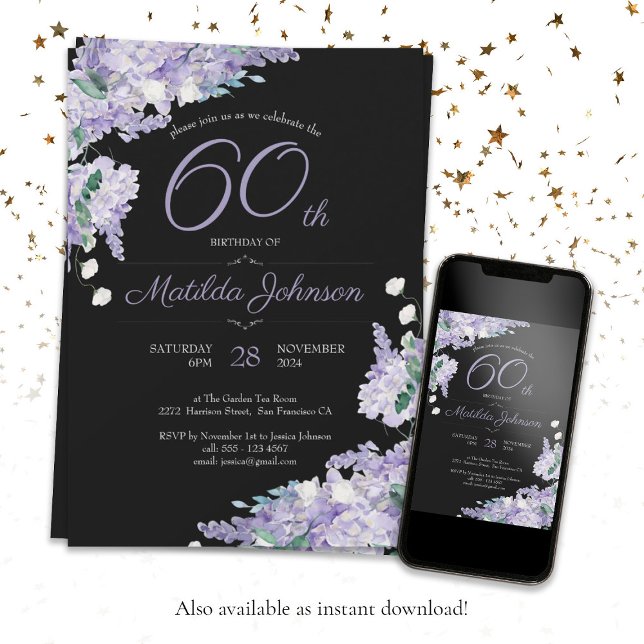 Convites 60.º Aniversário Púrpura Aquarela Chic Floral Pret (60th Birthday Purple Watercolor Floral Black Chic Invitation)