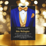 Convites 60.º Aniversário Real Azul e Dourado de Tuxedo<br><div class="desc">Comemore em estilo com este Convite de Aniversário Real Azul e Dourado Tuxedo, exuando elegância e sofisticação. O fundo preto elegante e os sotaques dourados que brilham dão o tom para um caso luxuoso, perfeito para uma celebração de marco. Com seu refinado design, inspirado em tuxedo, esse convite capta a...</div>