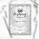 Convites 60.º aniversário - Rosas brancas de Stripes Pratea<br><div class="desc">60º Convite de Aniversário. Design floral elegante em prata e branco. Apresenta fitas cintilantes de prata,  fontes de na moda de rosas brancas e confetti. Perfeito para uma festa de aniversário de vidro.</div>
