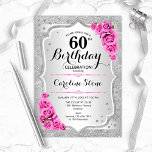 Convites 60.º aniversário - Rosas Rosa-Rosa-Stripes-Prata<br><div class="desc">60º Convite de Aniversário. Design floral elegante em prata e rosa. Possui riscas prateadas com brilho sujo,  fonte de script na moda de rosas rosa e confetti. Perfeito para uma festa de aniversário de vidro.</div>