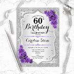 Convites 60.º aniversário - Rosas Roxos de Prata<br><div class="desc">60º Convite de Aniversário. Design floral elegante em prata e roxo. Apresenta faixas de prata com brilho sujo,  fontes de script na moda de rosa de de roxo e confetti. Perfeito para uma festa de aniversário de vidro.</div>