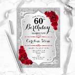 Convites 60.º aniversário - Rosas vermelhas de Stripes de P<br><div class="desc">60º Convite de Aniversário. Design floral elegante em prata e vermelho. Apresenta faixas de prata com brilho inverso,  fonte de script do rosa vermelha na moda e confetti. Perfeito para uma festa de aniversário de vidro.</div>