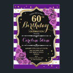 Convites 60.º Aniversário Roxo Dourado com Rosas<br><div class="desc">60º Aniversário Convite Elegante design preto de ouro roxo com falso brilho.</div>