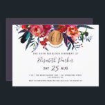 Convites 60.a festa de aniversário de aquarelas florais mod<br><div class="desc">Buquês de flores boêmicas do índio marinho vermelho e um círculo cintilante de cobre de ouro metálico redondo fazer um moderno martelo horizontal feminino sexagenário e um convite de aniversário fabuloso com um trendy chic totalmente editável script de tipografia.                Adequado para qualquer estação.</div>