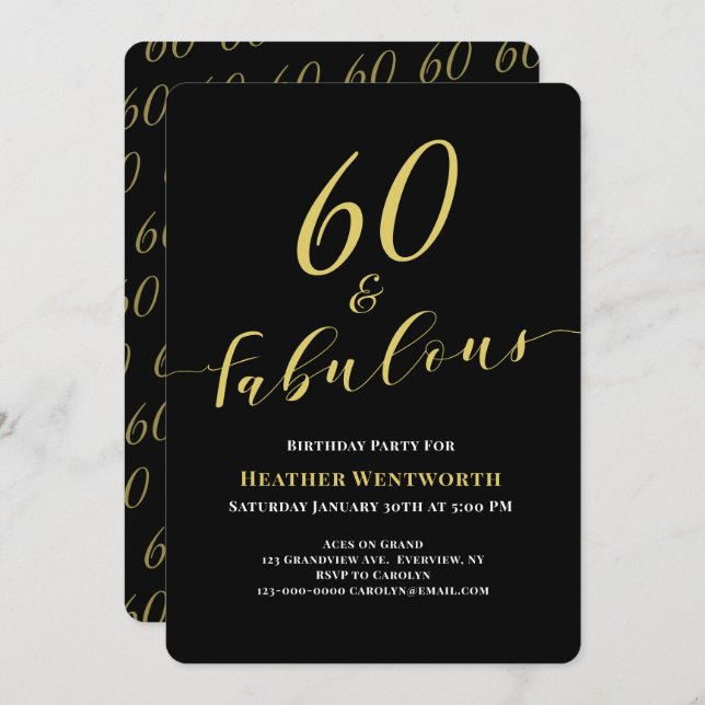 Convites 60 and Fabulous 60th Birthday Gold Black Script (Frente/Verso)