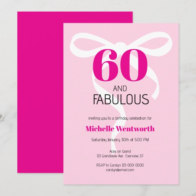 Convites 60 and Fabulous Fun Ribbon Hot Pink 60th Birthday (Frente/Verso)