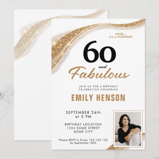 Convites 60 and Fabulous Gold 60th Birthday (Frente/Verso)