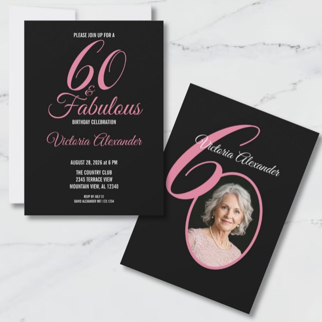 Convites 60 and Fabulous Pink Black Photo 60th Birthday (60 and Fabulous Pink Black Photo 60th Birthday Invitation)
