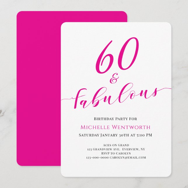 Convites 60 and Fabulous Sixtieth Birthday Hot Pink Script (Frente/Verso)