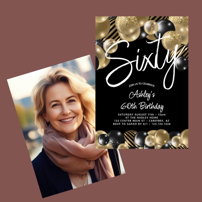 Convites 60° aniversário da 60° Foto Dourada Preta (Criador carregado)