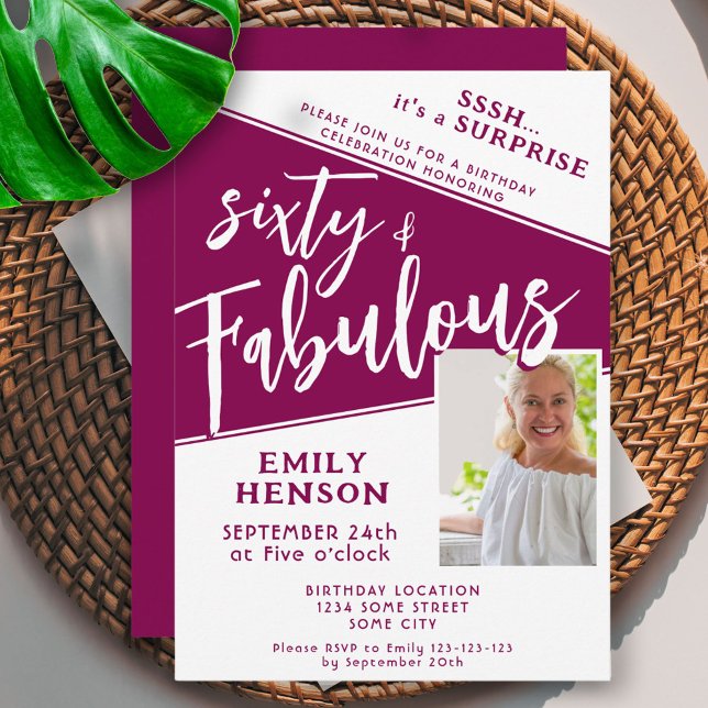 Convites 60 e Fabulosa Foto Magenta 60º aniversário Surpres (Criador carregado)