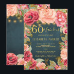 Convites 60 e fabulosas flores elegantes festa de 60 anos d<br><div class="desc">Modelo de convite de festa de aniversário de 60 anos luxuoso, elegante, vintage, romântico e sofisticado, apresentando rosas peônia e bordas de flores em rosa bege e dourado glitter e cordas rústicas douradas ou luzes cintilantes sobre um fundo de quadro-negro azul meia-noite. ----- O convite é adequado para festas de...</div>
