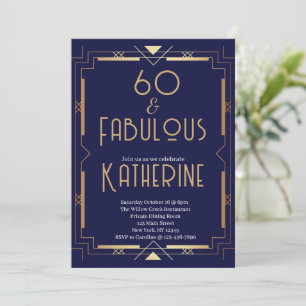 Convites 60 e Fabuloso Aniversário de 60 anos Art Deco Navy