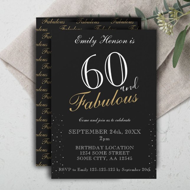 Convites 60 e Fabuloso Aniversário de Script Elegante Preto (Criador carregado)