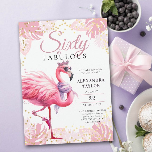 Convites 60 e Fabuloso Flamingo Rosa Funny 60º Aniversário (60 and fabulous birthday invitation funny pink flamingo tiara watercolor)