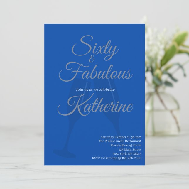 Convites 60 e Fabuloso | Script Azul para Festa de 60 Anos (Em pé/Frente)