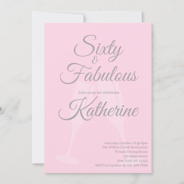 Convites 60 e Fabuloso | Script Rosa para Festa de 60 Anos (Frente)