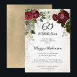 Convites 60 e Festa de aniversário flexível de Rosa de vidr<br><div class="desc">Rosa florais elegantes,  escuros e clássicos,  vermelhos escuros e arrojados,  com pérolas de semente em um quadro colorido de sépia "60 e fabuloso",  de festa de aniversário de Holiday Hearts Design.</div>