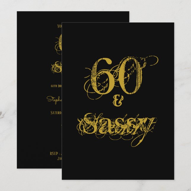 Convites 60 e Sassy Aniversário de 60 anos Preto e Dourado (Frente/Verso)