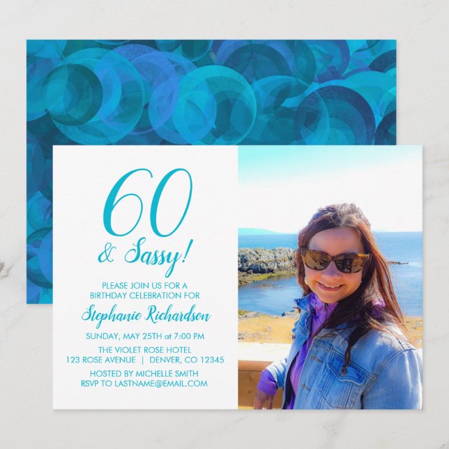 Convites 60 e Sassy Ocean Blue Teal Name Foto Aniversário (Frente/Verso)