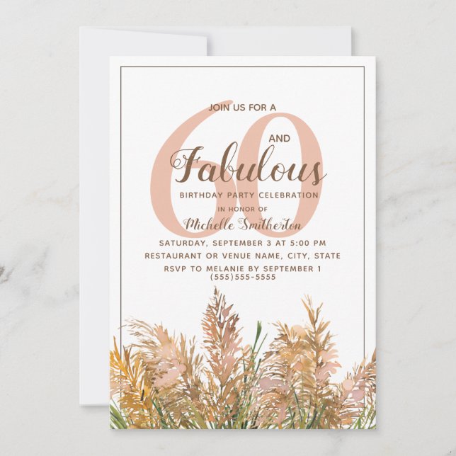 Convites 60 Fabulosas Pampas Grass em Branco Aniversário (Frente)