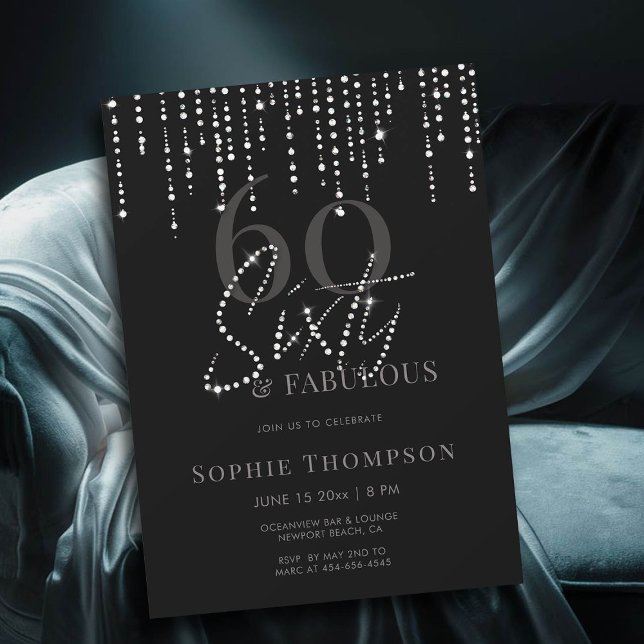 Convites 60 Fabulosos Derramamentos de Brilhante Preto 60º  (60 and fabulous simple modern black minimalist 60th birthday invitation)