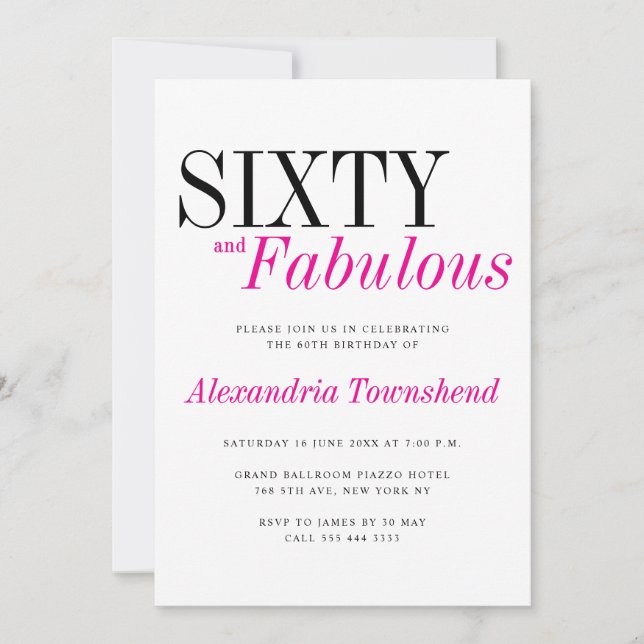 Convites 60 & Fabulous Modern Pink Typography 60th Birthday (Frente)