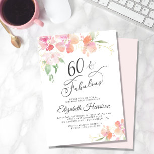 Convites 60 Fabulous Pink Floral Watercolor Birthday Party