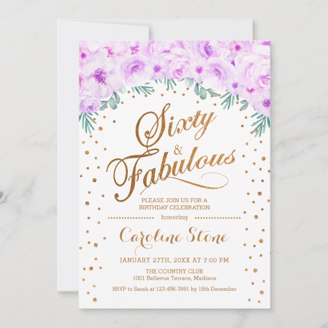 Convites 60 Festa de aniversário fabulosa - Dourada púrpura (Frente)