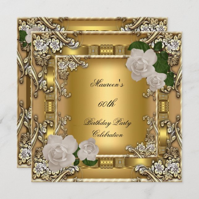 Convites 60a Festa de aniversário Dourada Elegante Rosa 2 (Frente/Verso)