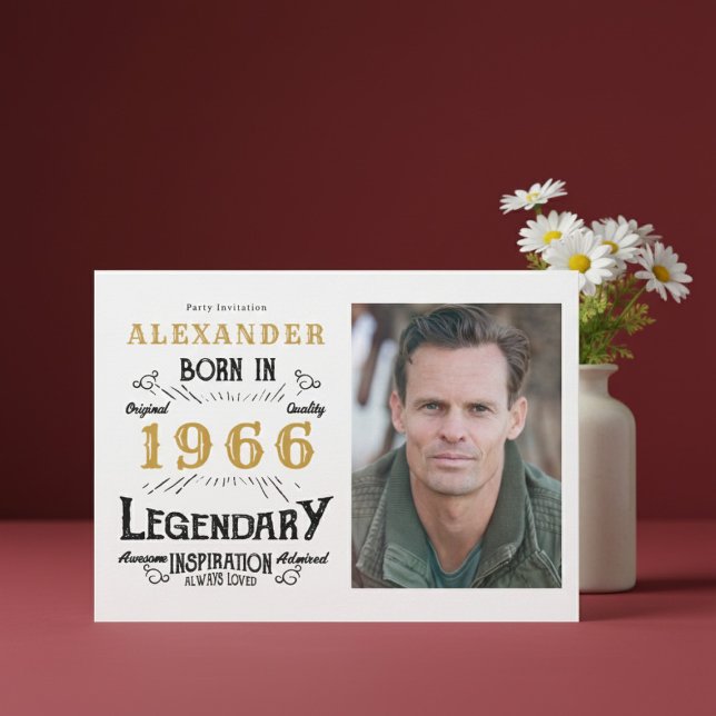 Convites 60th Birthday 1966 Legend White & Gold Photo (Born 1966 birthday invitation.)