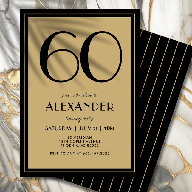 Convites 60th Birthday Adult Black and Gold Modern Minimal  (Black and gold elegance—modern typography with a touch of luxury.)