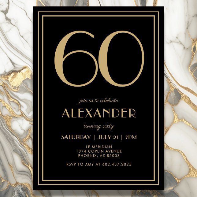 Convites 60th Birthday Black and Gold Modern Minimal Adult (Elegant black and gold 30th birthday invitation design for him or her.)