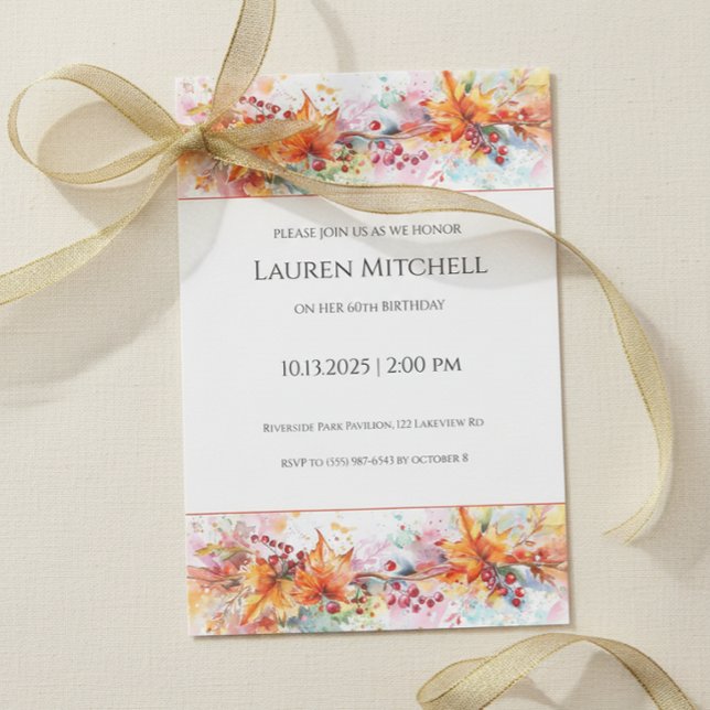 Convites 60th Birthday Fall Leaves and Gold Celebration (Elegant autumn leaves 60th birthday invitation design)