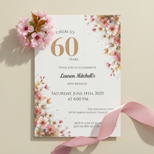 Convites 60th Birthday Invitation Elegant Gold Floral Style (Elegant gold floral watercolor 60th birthday invitation design)