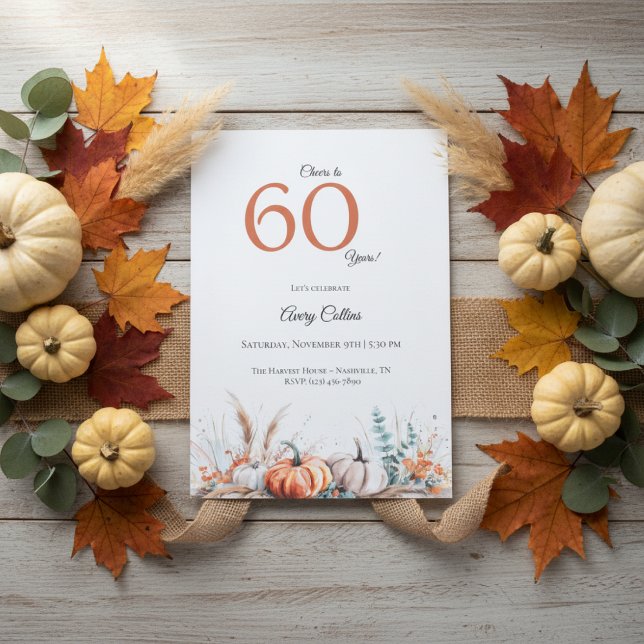 Convites 60th Birthday Invitation Pumpkin Floral Fall (Pumpkin floral fall watercolor 60th birthday invitation design)