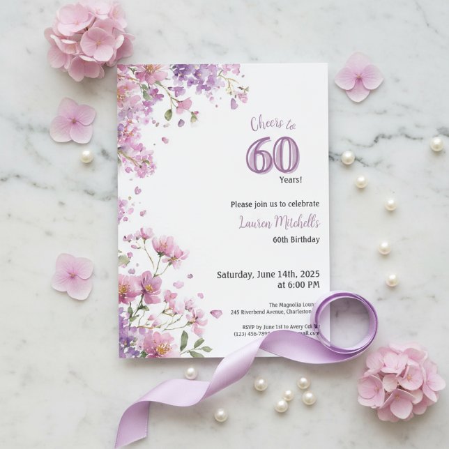 Convites 60th Birthday Invitation Purple Floral Elegant (Purple floral watercolor 60th birthday invitation with elegant feminine design)